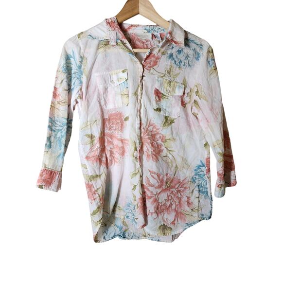 CHICO'S White Blue Pink Floral Lightweight Coastal Loose Top SZ 0 (US S) - Picture 1 of 9